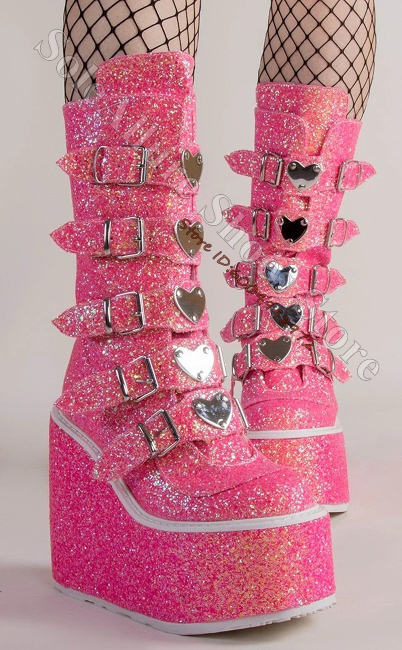 Pointed Toe Flat - Glitter Multi Heart Buckle Wedge Platform
