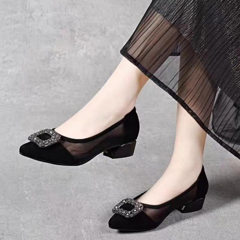 Women'S Shoes In Fashion - Elegant Pointed Toe Mesh Block Heel
