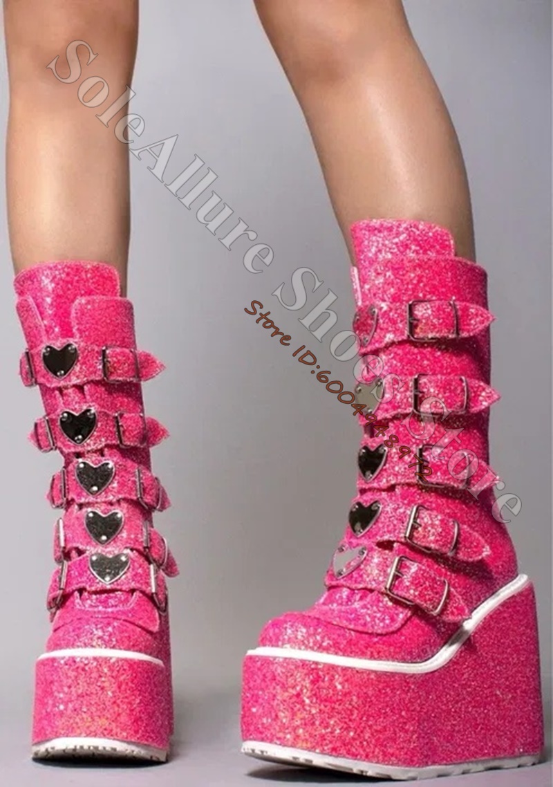 Glitter Multi Heart Buckle Wed - Pointed Toe Flat 评论和价格