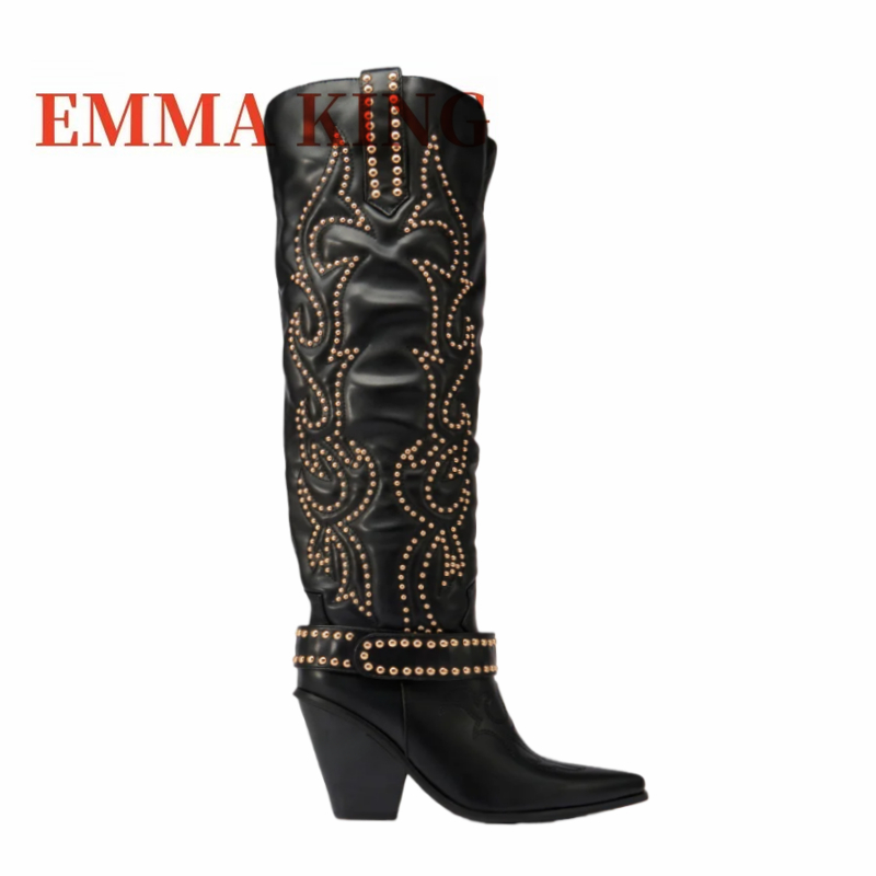 Rivet Embellished Knee High Bo - Western Cowgirl Boot 评论和价格