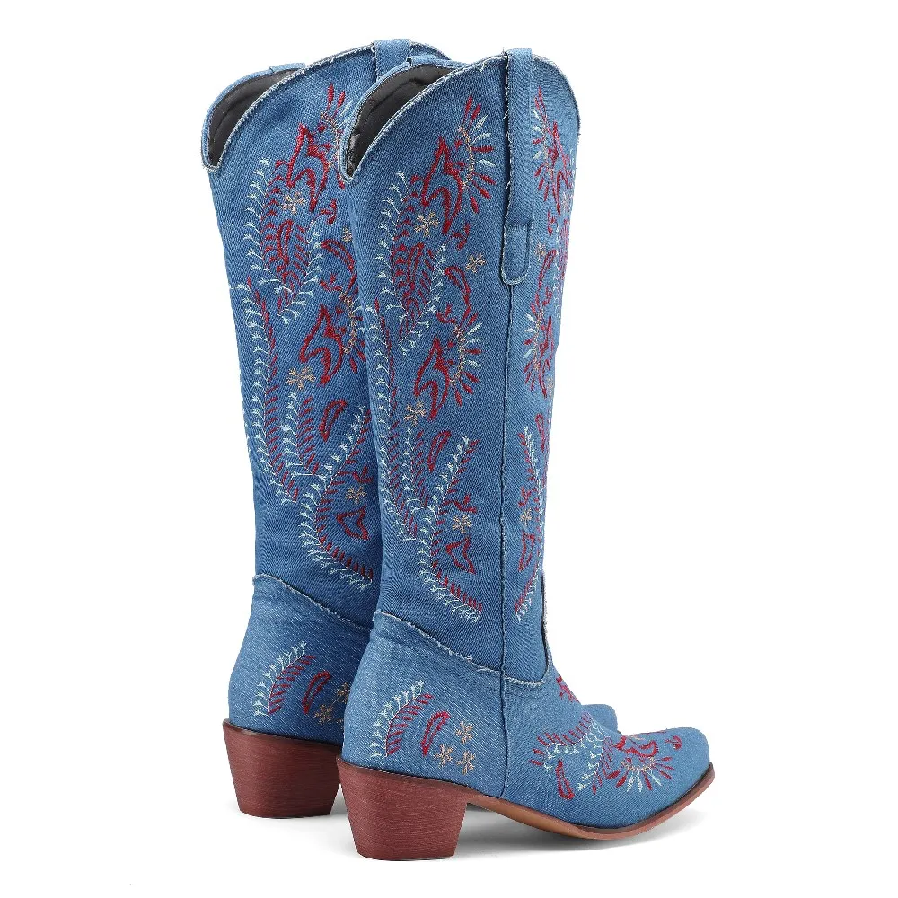 Blue Denim Western Cowgirl Kne - Western Cowgirl Boot 评论和价格